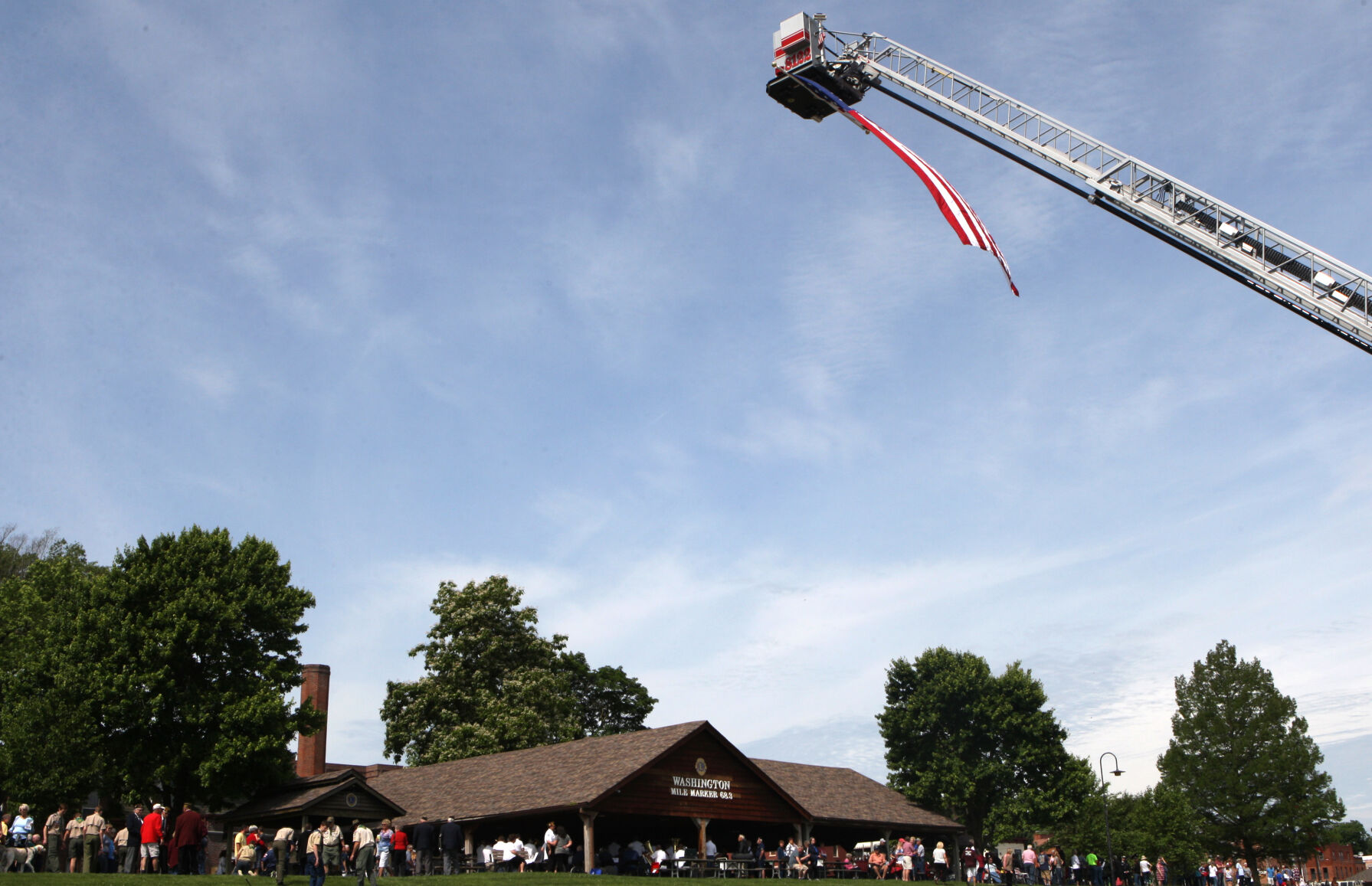An American flag hangs above Rennick Riverfront Park